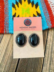 Vintage Navajo Onyx & Sterling Silver Post Earrings