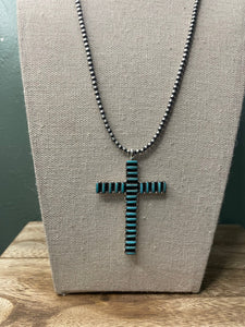 Handmade Needlepoint Turquoise & Sterling Silver Cross Pendant