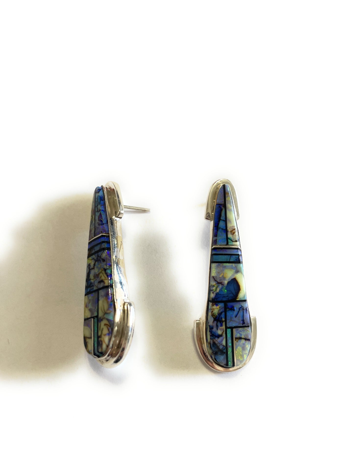 Navajo Blue Opal Inlay & Sterling Silver Dangle Earrings Signed VS