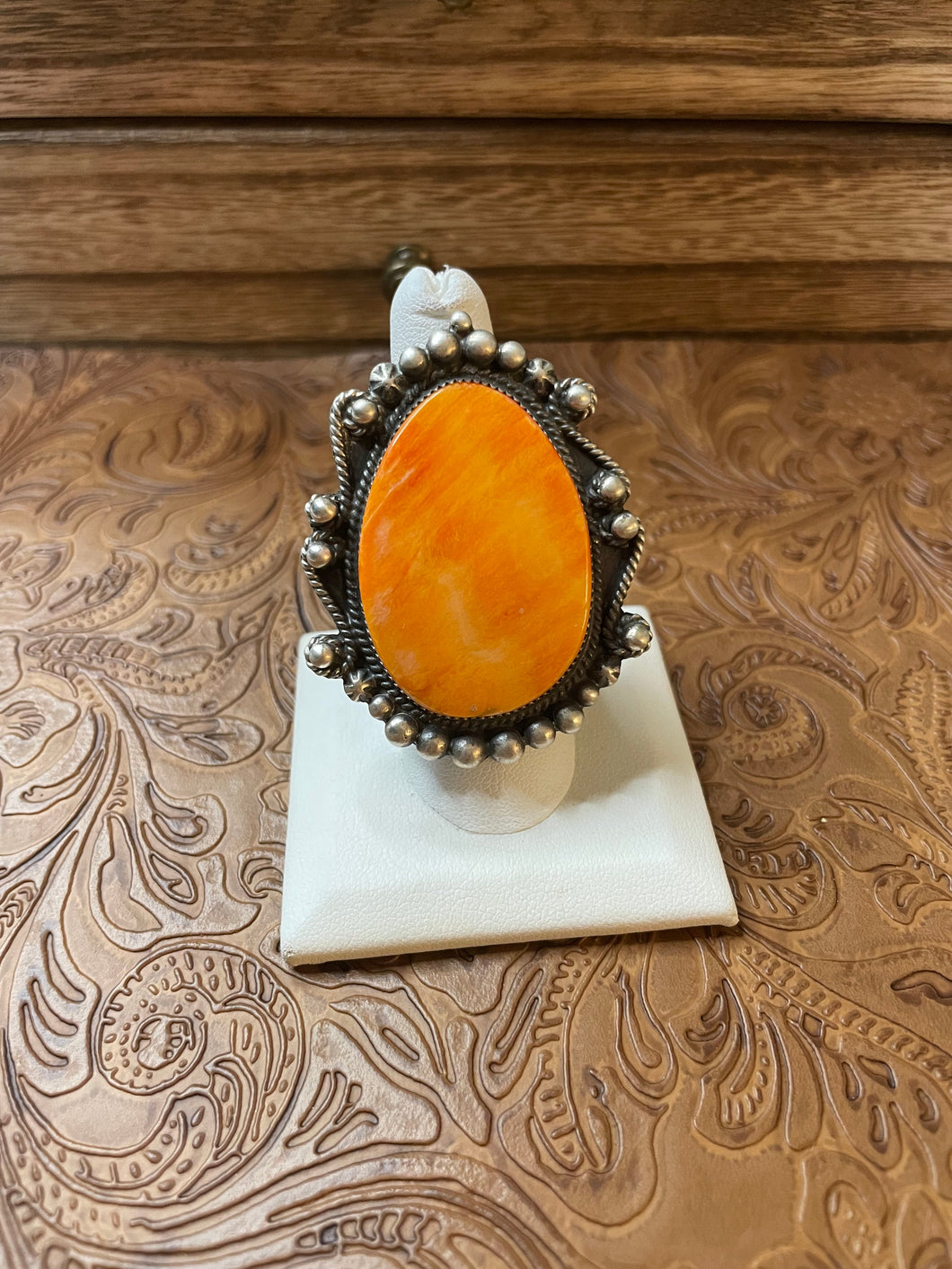 Navajo Sterling Silver And Orange Spiny Ring Size 8