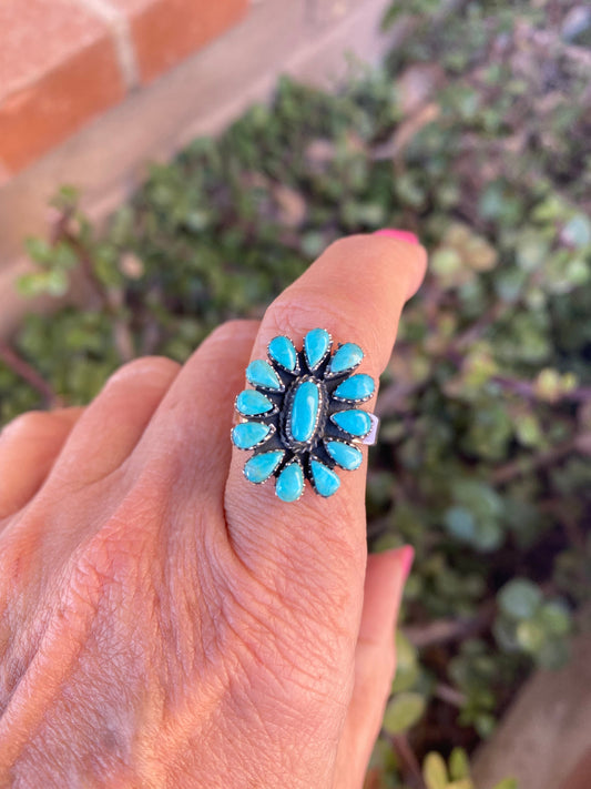 Handmade Sterling Silver & Kingman Petit Point Turquoise Adjustable Ring