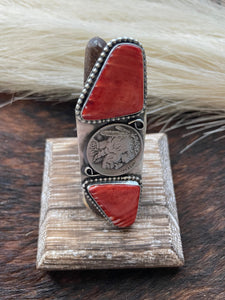 Navajo Sterling Silver Red Spiny Liberty Coin Ring Size 8.5