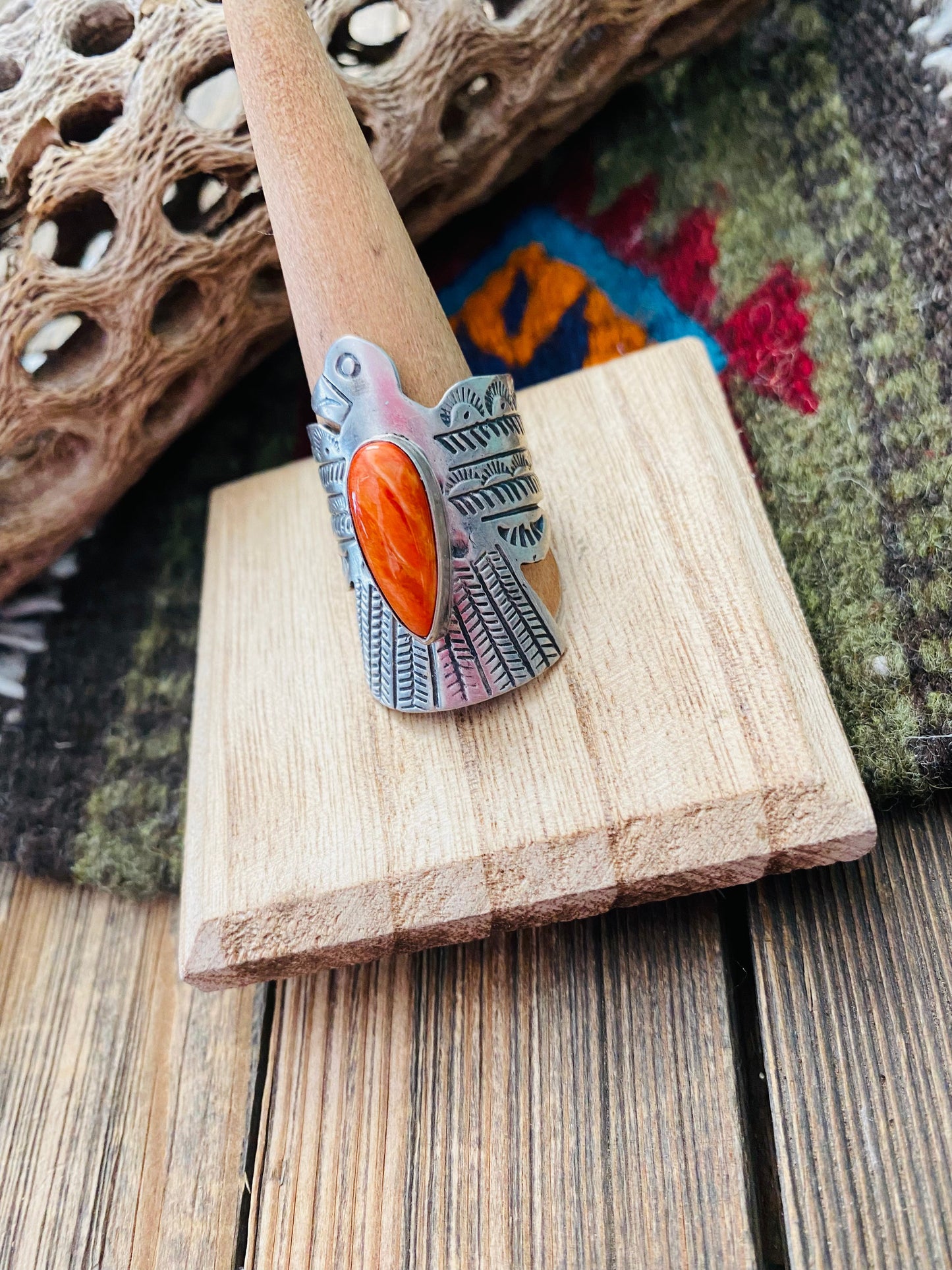 Navajo Sterling Silver & Orange Spiny Thunderbird Ring