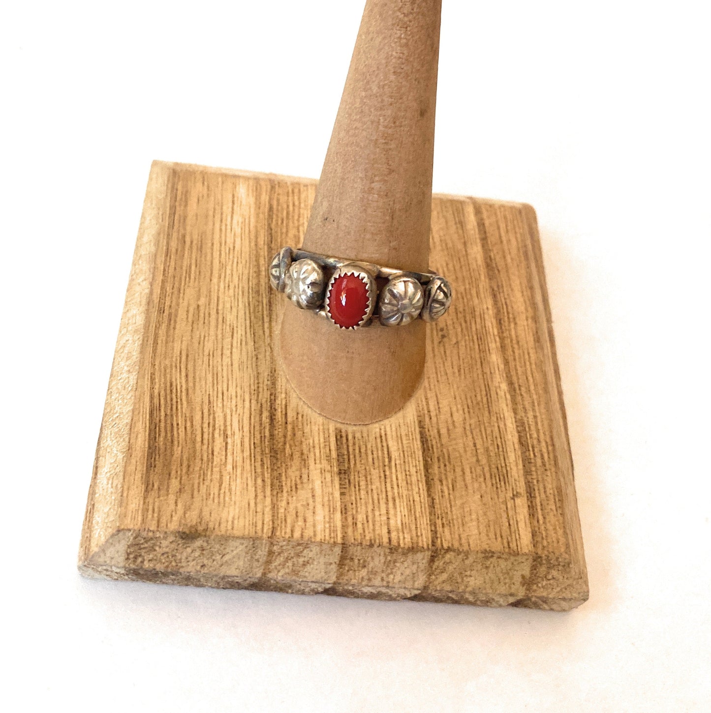 Navajo Coral and Sterling Silver Concho Band Ring