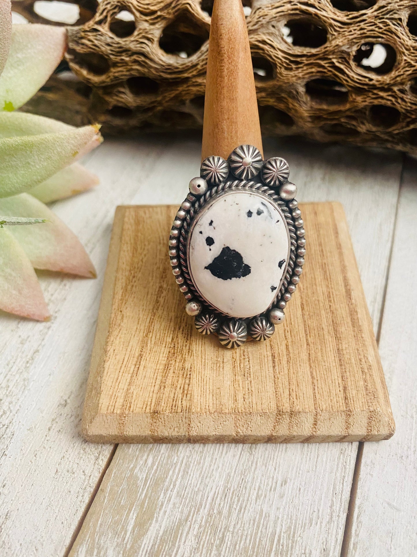Navajo Sterling Silver And White Buffalo Ring Size 8.75