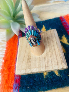 Handmade Sterling Silver & Multi Stone Inlay Indian Chief Ring Size 7.5