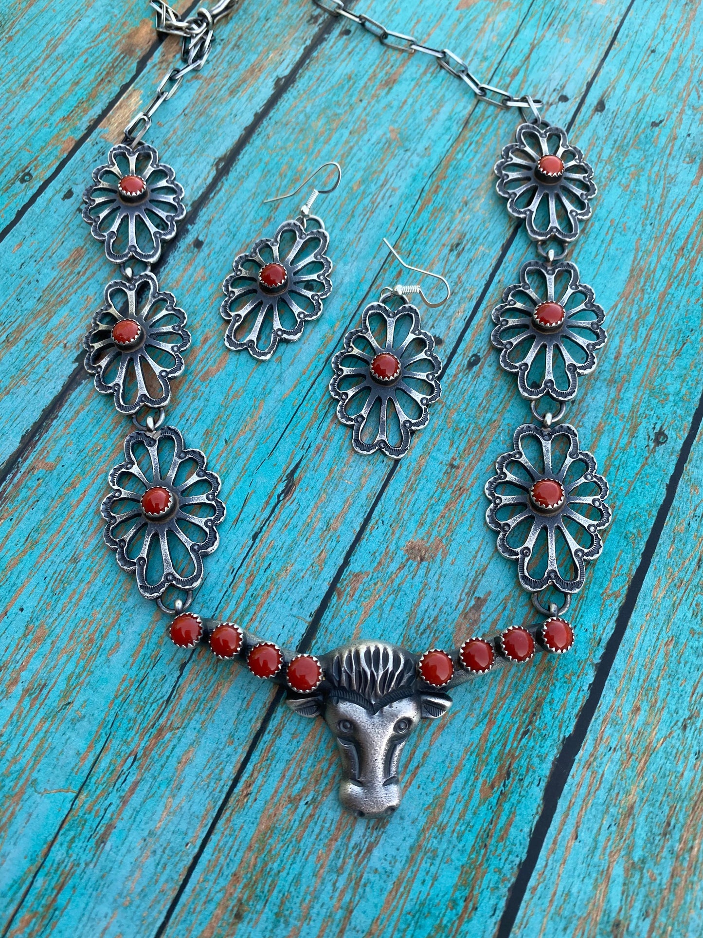 Navajo Sterling Silver & Coral Bull Head Necklace Set By Kevin Billah