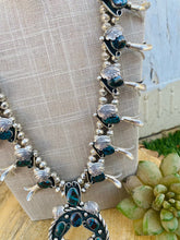 Load image into Gallery viewer, Vintage Navajo Turquoise &amp; Sterling Silver Squash Blossom Necklace
