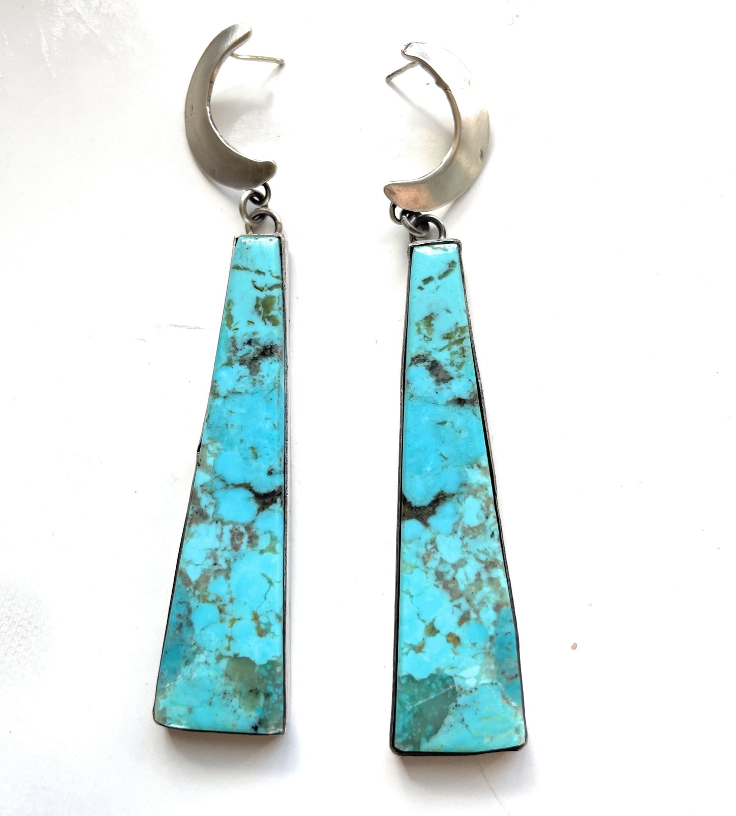 Navajo Turquoise & Sterling Silver Moon Slab Dangles Signed P Yazzie