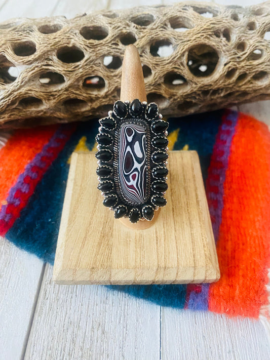 Handmade Sterling Silver, Fordite & Onyx Cluster Adjustable Ring