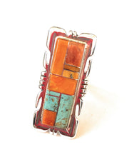 Load image into Gallery viewer, Navajo Sterling Silver, Orange Spiny &amp; Turquoise Inlay Ring Size 6.5