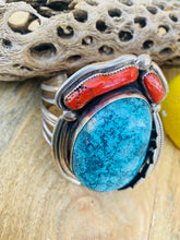 Load image into Gallery viewer, Incredible Navajo Handmade Bisbee Turquoise, Coral &amp; Sterling Silver Jumbo Cuff Bracelet