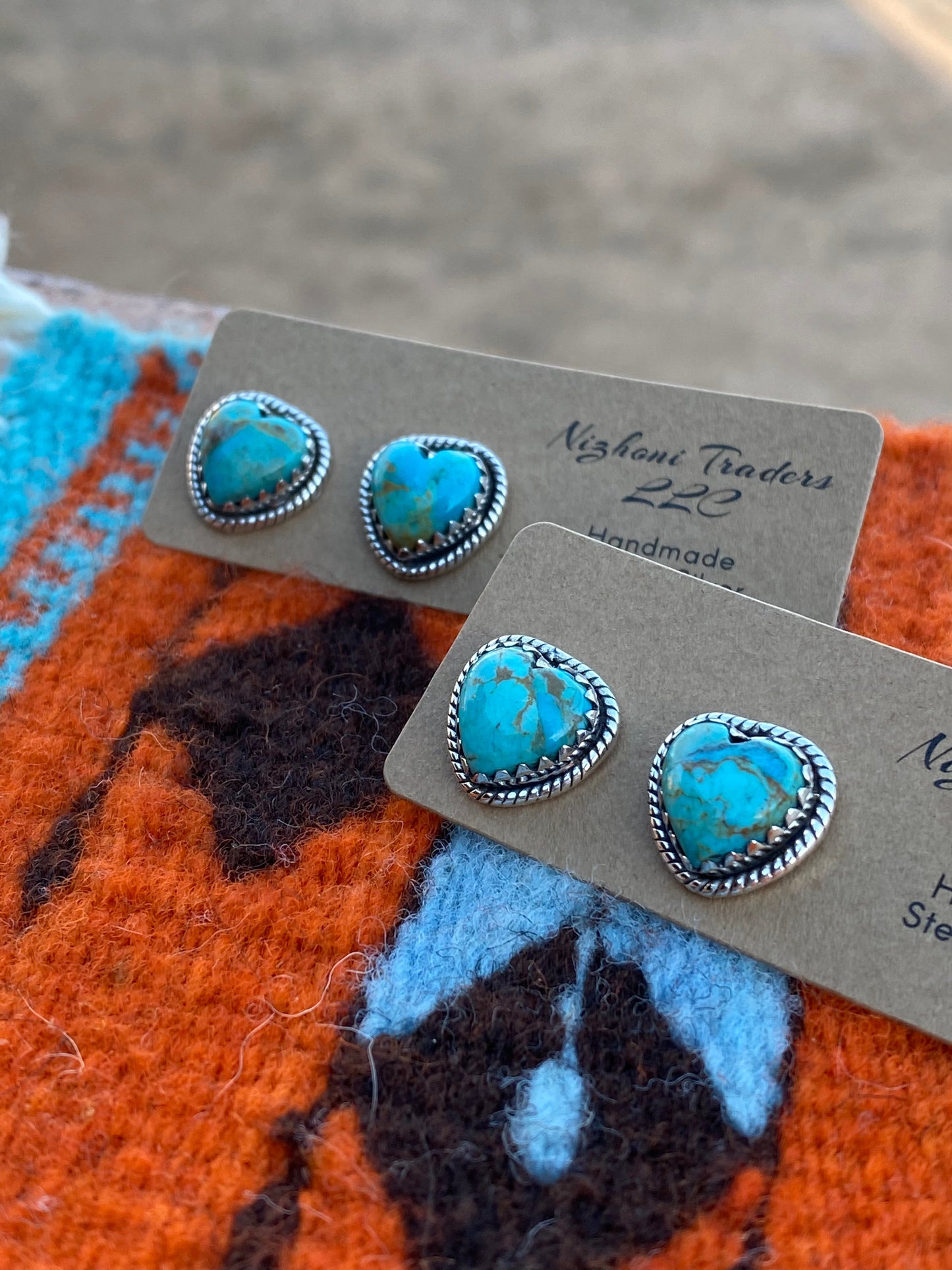 Handmade Royston Turquoise & Sterling Heart Stud Earrings