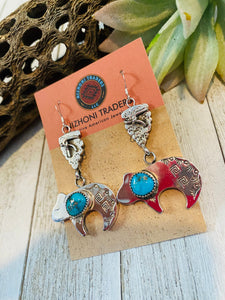 Navajo Turquoise & Sterling Silver Fetish Bear Dangle Earrings