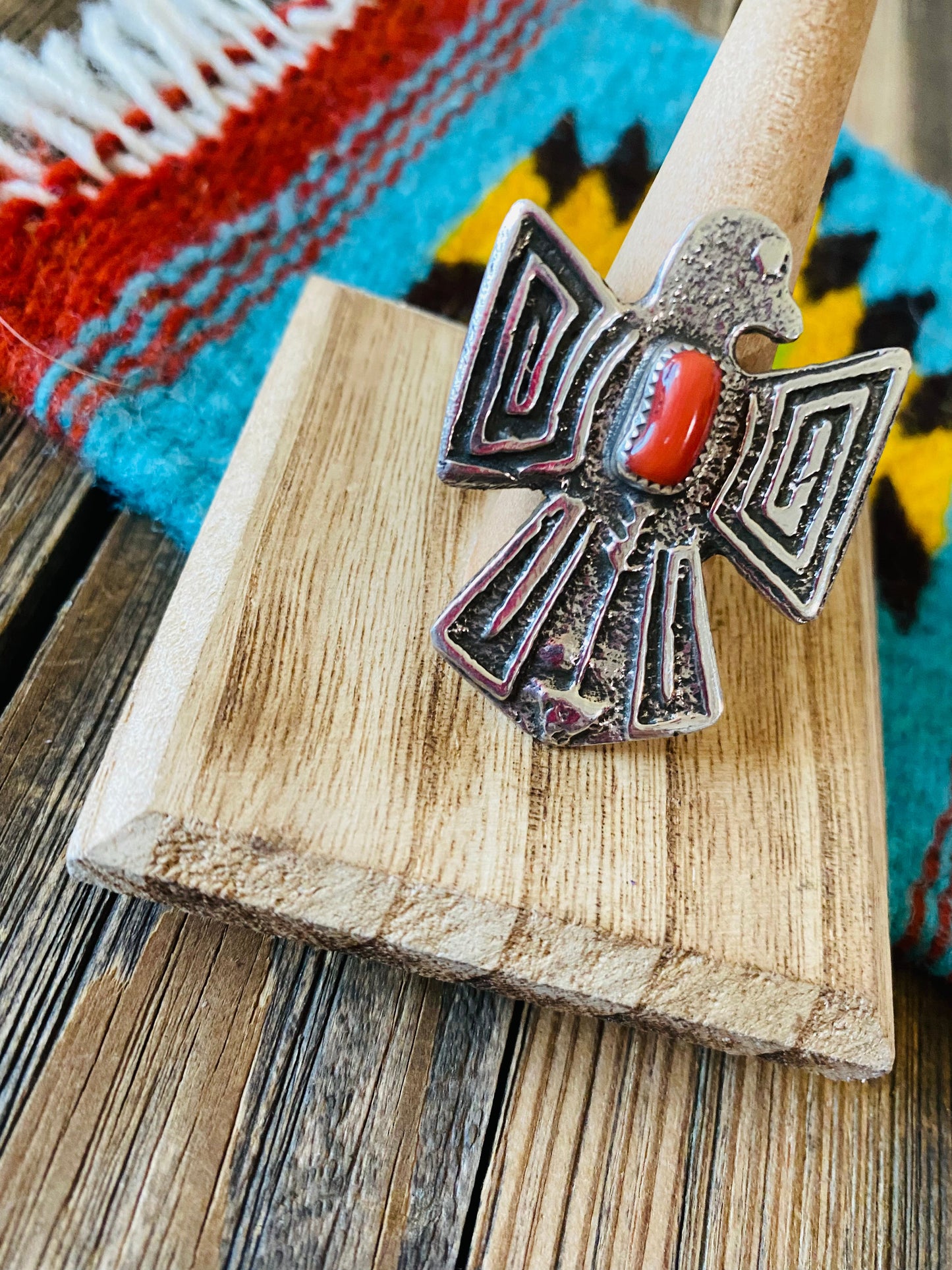 Navajo Sterling Silver & Coral Thunderbird Ring