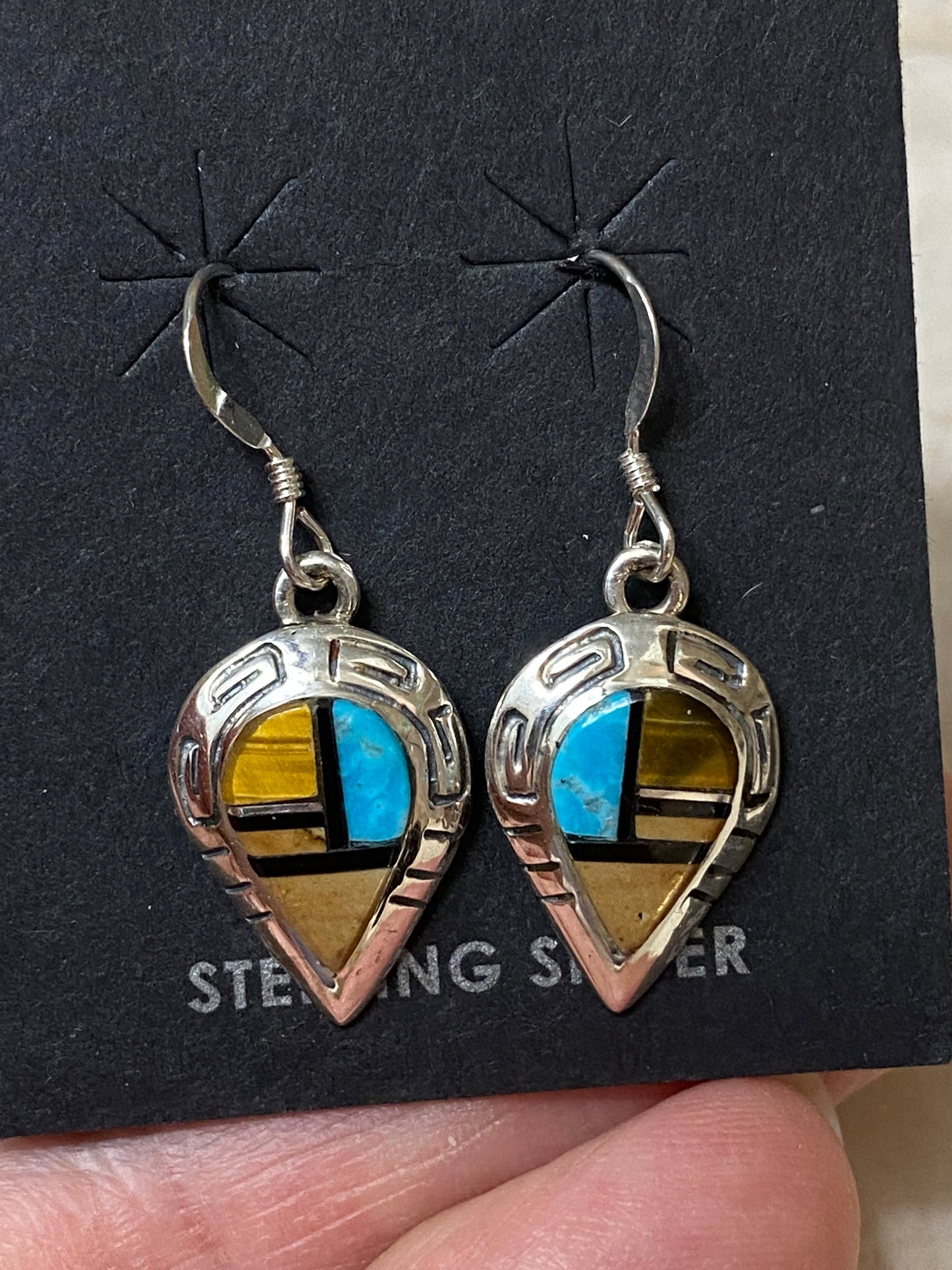 Navajo Turquoise, Onyx, Petrified Wood & Sterling Silver Inlay Drop Dangle Earrings
