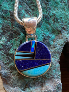 Navajo Lapis, Turquoise, Blue Opal Small Circle Pendant