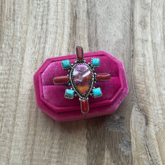 Handmade Turquoise, Coral, Pink Dream And Sterling Silver Adjustable Ring Signed Nizhoni