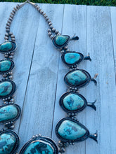 Load image into Gallery viewer, Vintage Navajo Turquoise &amp; Sterling Silver Jumbo Squash Blossom Necklace