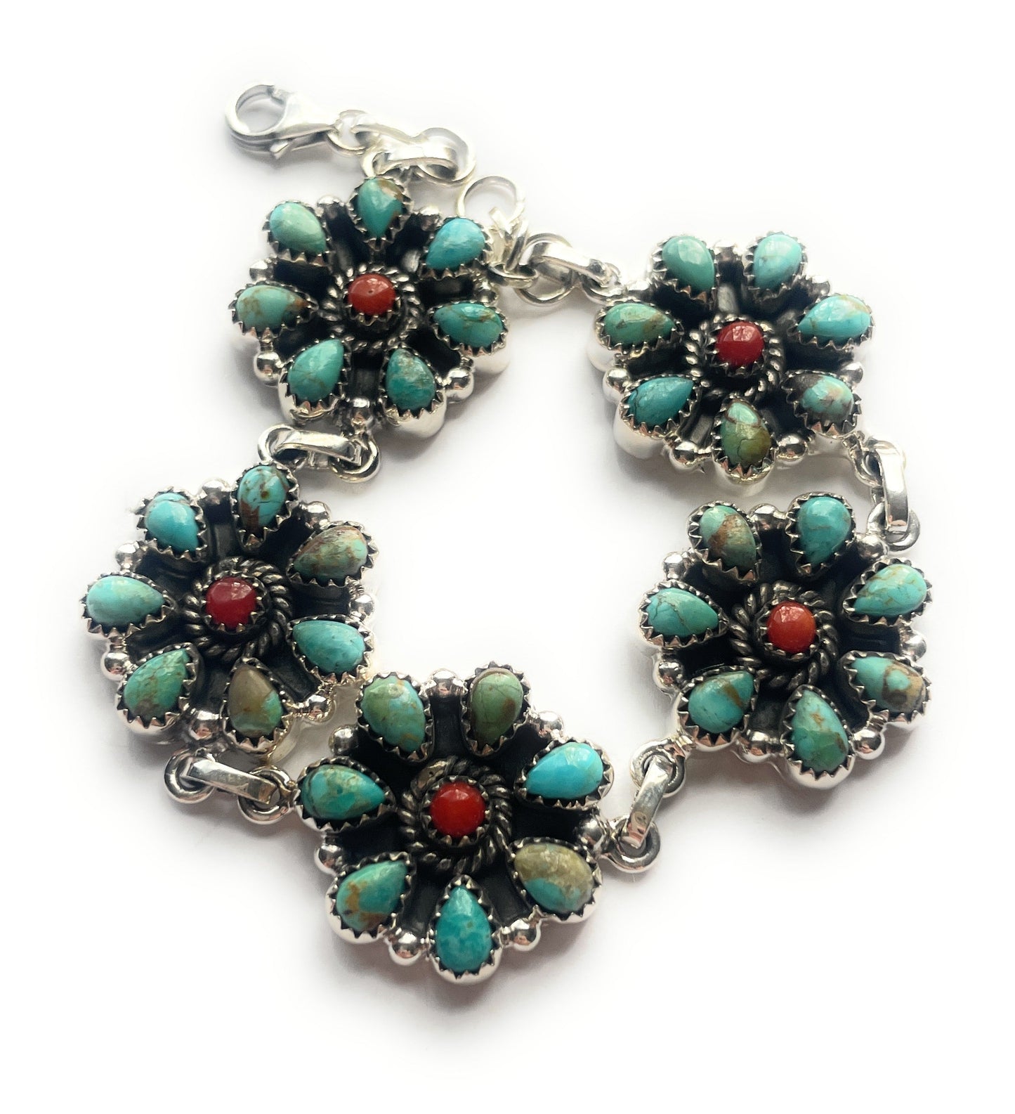 Handmade Sterling Silver Turquoise, & Coral Cluster Bracelet Signed Nizhoni