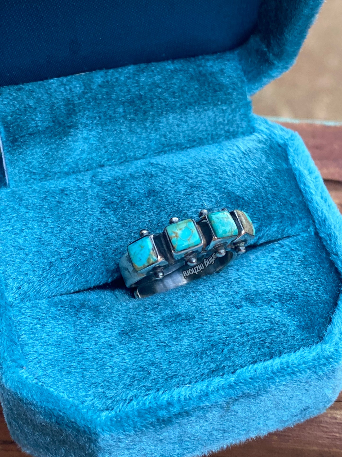 Handmade Sterling Silver & Natural Kingman Turquoise Square adjustable Ring