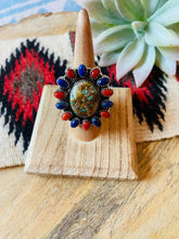 Load image into Gallery viewer, Handmade Sterling Silver, Turquoise, Coral &amp; Lapis Cluster Adjustable Ring
