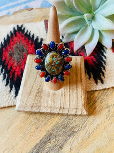 Handmade Sterling Silver, Turquoise, Coral & Lapis Cluster Adjustable Ring