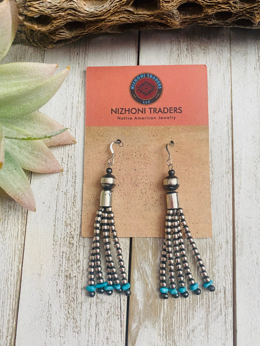 Navajo Turquoise & Sterling Silver Pearl Beaded Tassel Dangle Earrings
