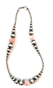 Navajo Sterling Silver Pearl & Pink Opal Beaded Necklace 14 inch