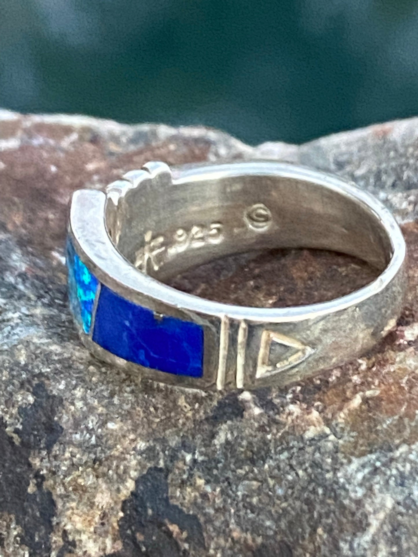 Navajo Lapis, Turquoise, Blue Opal & Sterling Silver Band Ring Sz 5.5