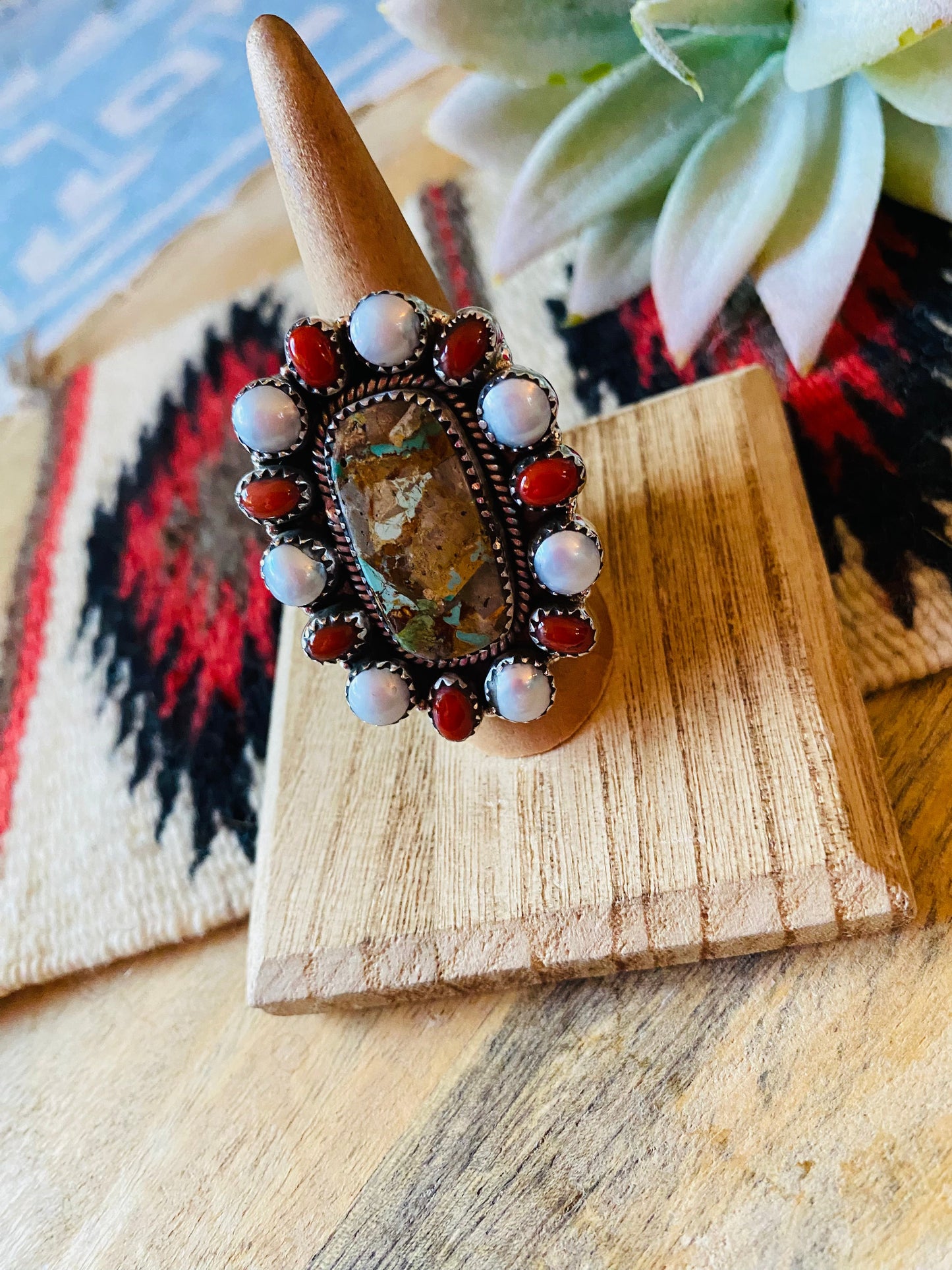 Handmade Sterling Silver, Turquoise, Coral & Pearl Cluster Adjustable Ring