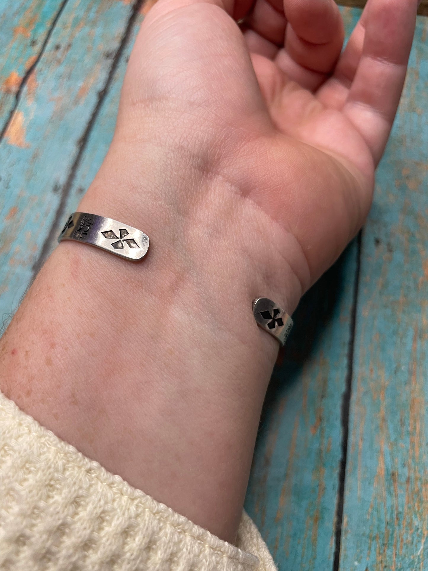 Navajo Hand Stamped Sterling Silver & Turquoise Cuff Bracelet Signed B Shorty