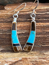 Load image into Gallery viewer, Navajo Turquoise, Onyx, Petrified Wood &amp; Sterling Silver Inlay Dangle Earrings