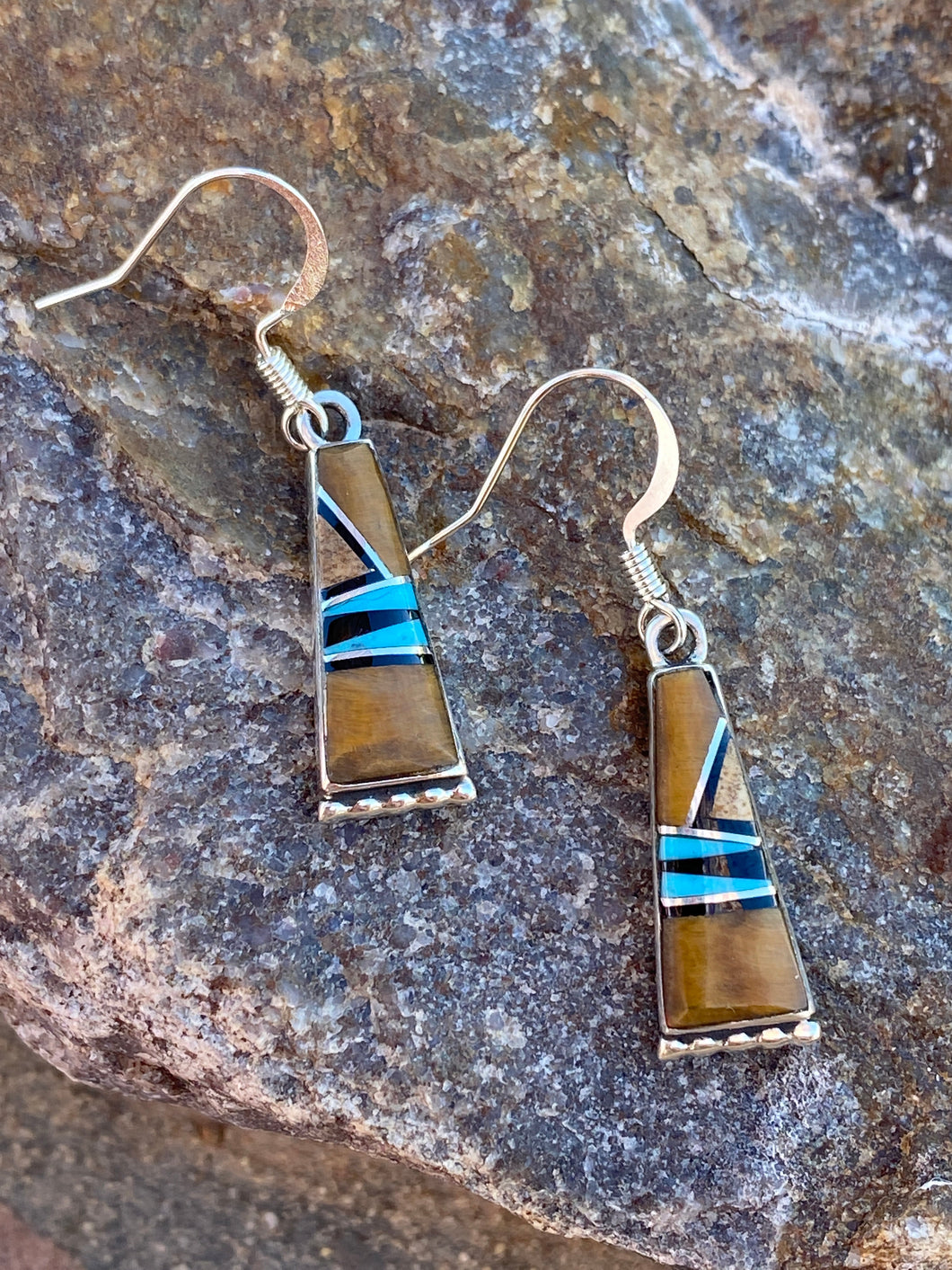 Navajo Turquoise, Onyx, Petrified Wood & Sterling Silver Inlay Dangle Earrings
