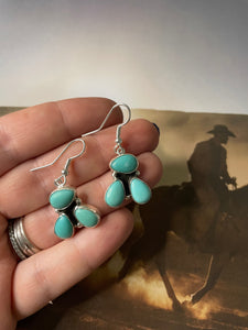 Navajo Turquoise And Sterling Silver 3 Stone Dangle Earrings Signed