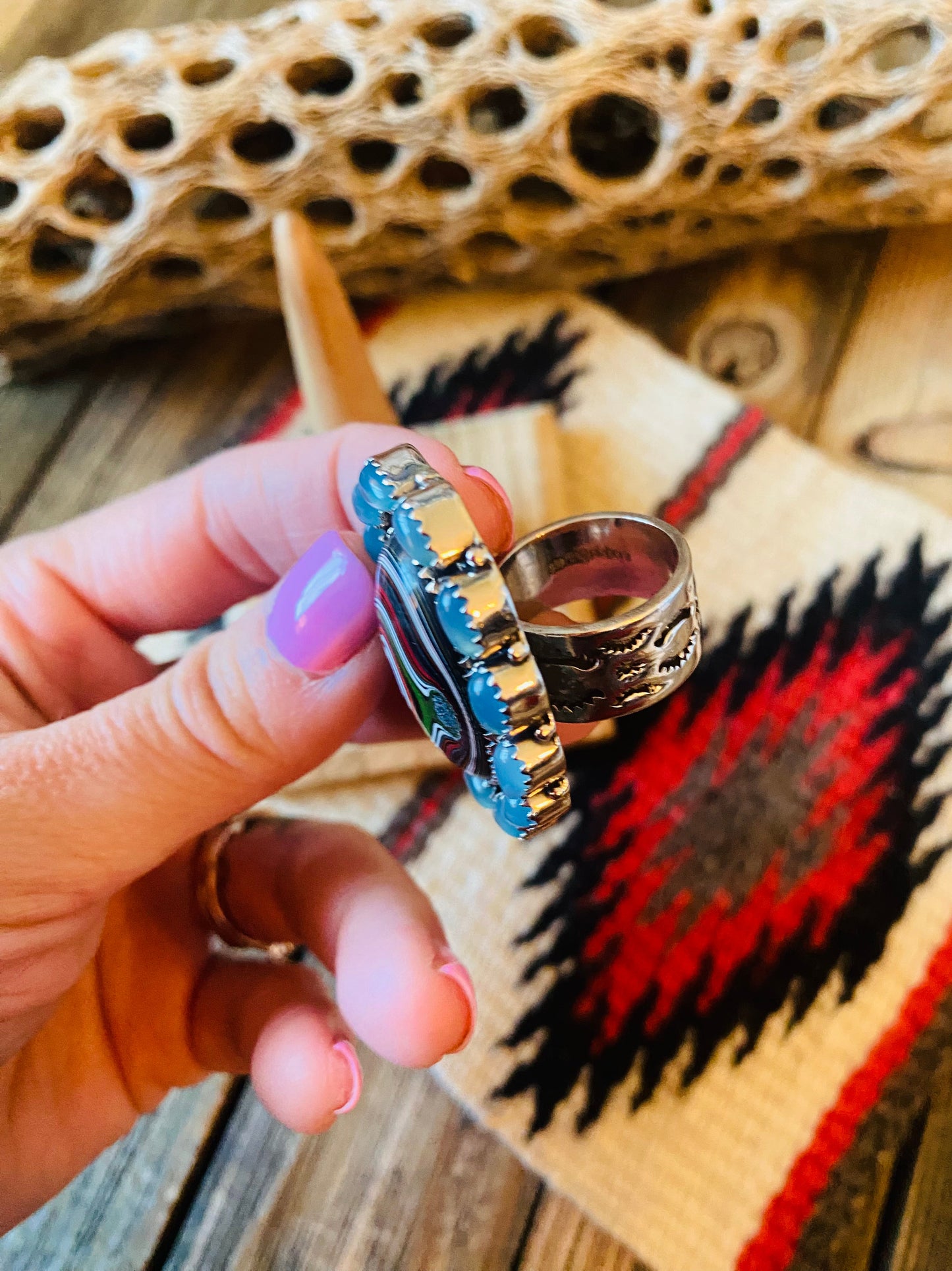 Handmade Sterling Silver, Fordite & Blue Chalcedony Cluster Adjustable Ring