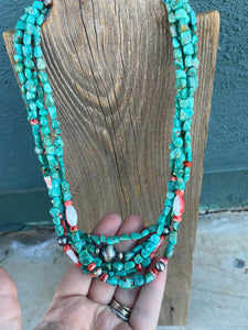 Navajo Turquoise & Sterling Silver 5 Strand Beaded Necklace
