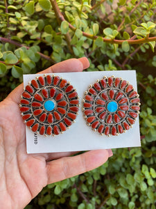 Navajo Natural Turquoise and Coral Cluster Post Earrings