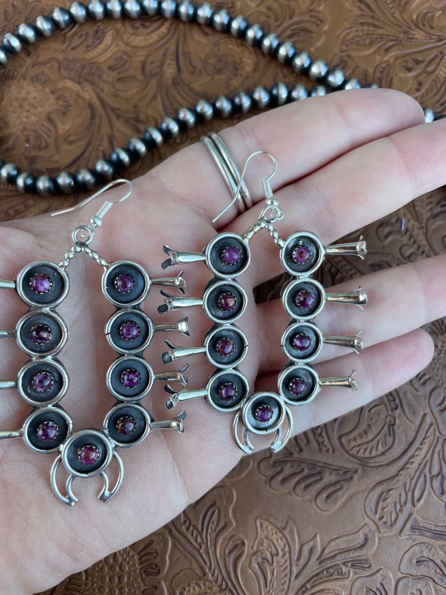 Navajo Purple Spiny and Sterling Silver Blossom Dangle Earrings