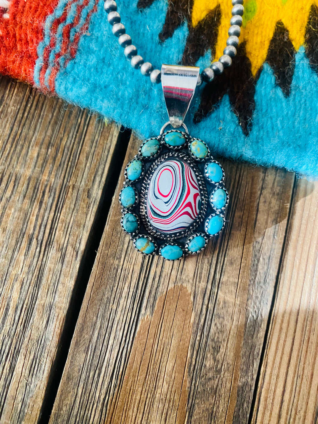 Handmade Sterling Silver, Fordite & Turquoise Cluster Pendant