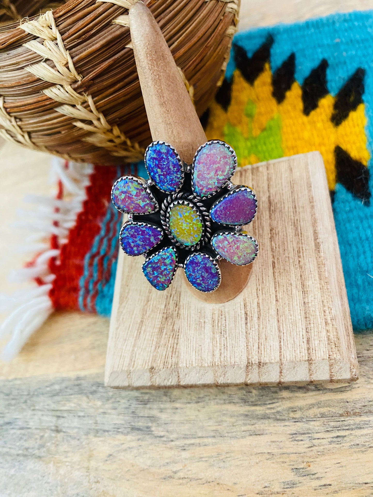 Handmade Sterling Silver & Opal Cluster Adjustable Ring