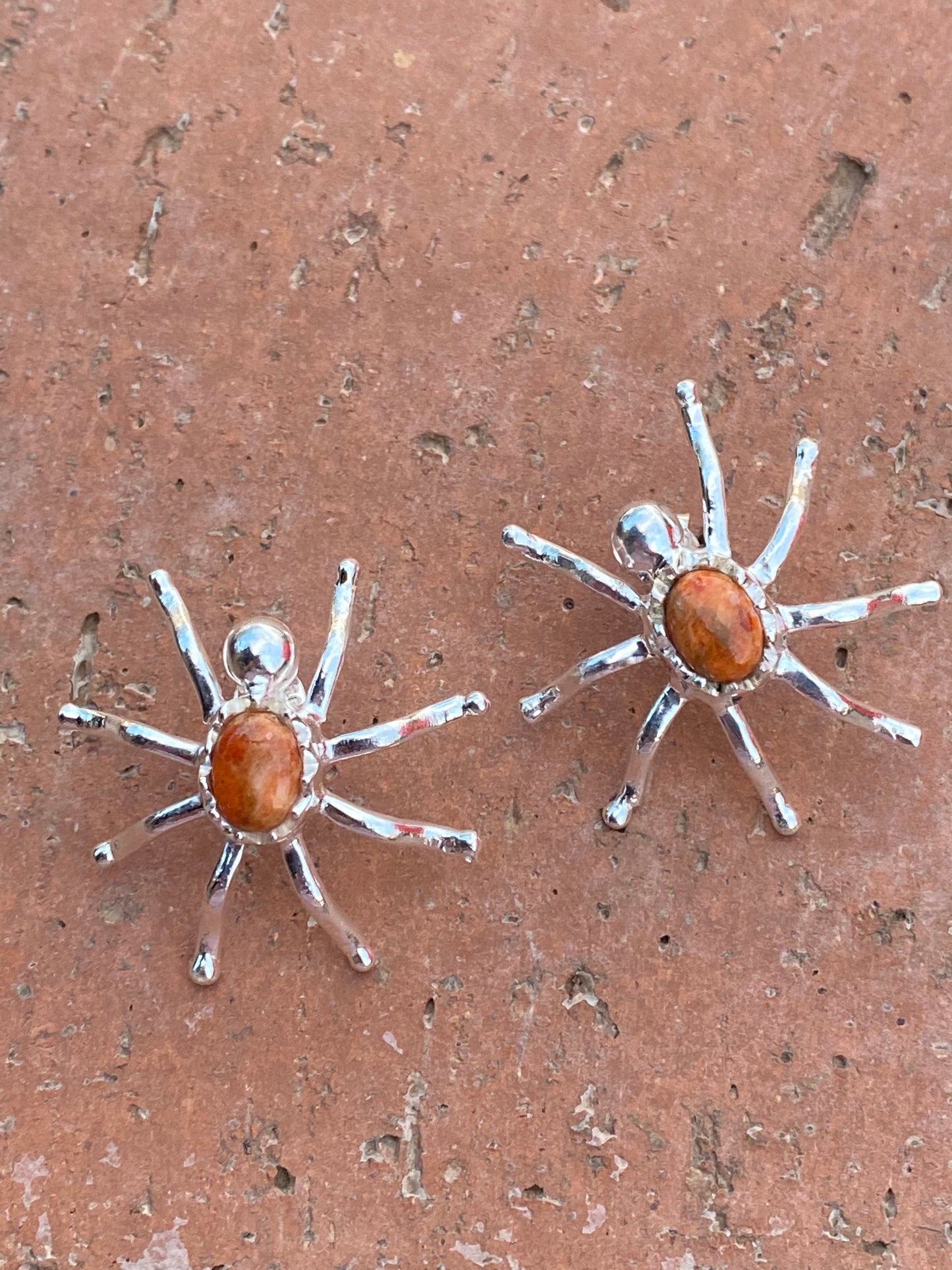 Natural Orange Mojave & Sterling Silver Spider Stud Earrings