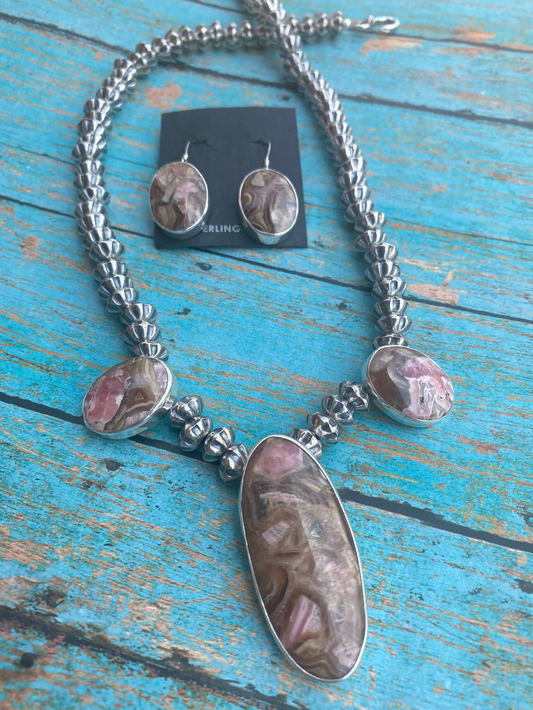 Navajo Rhodonite & Sterling Silver Beaded Necklace Set