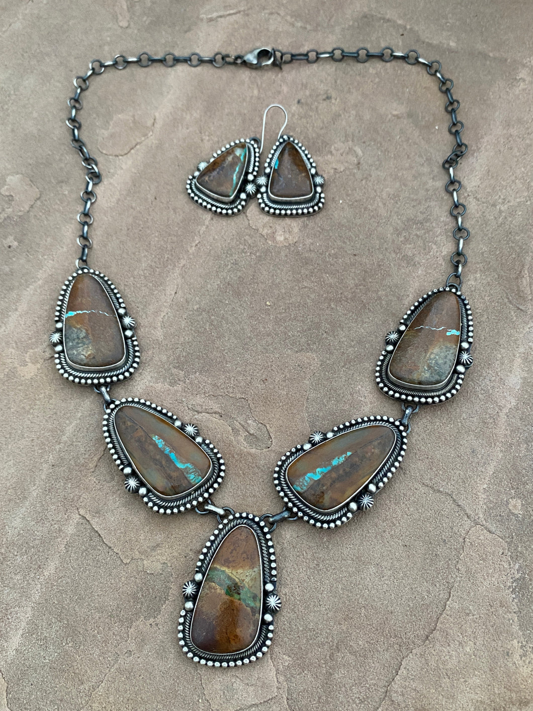 Ribbon Turquoise And Sterling Silver Necklace Set Signed