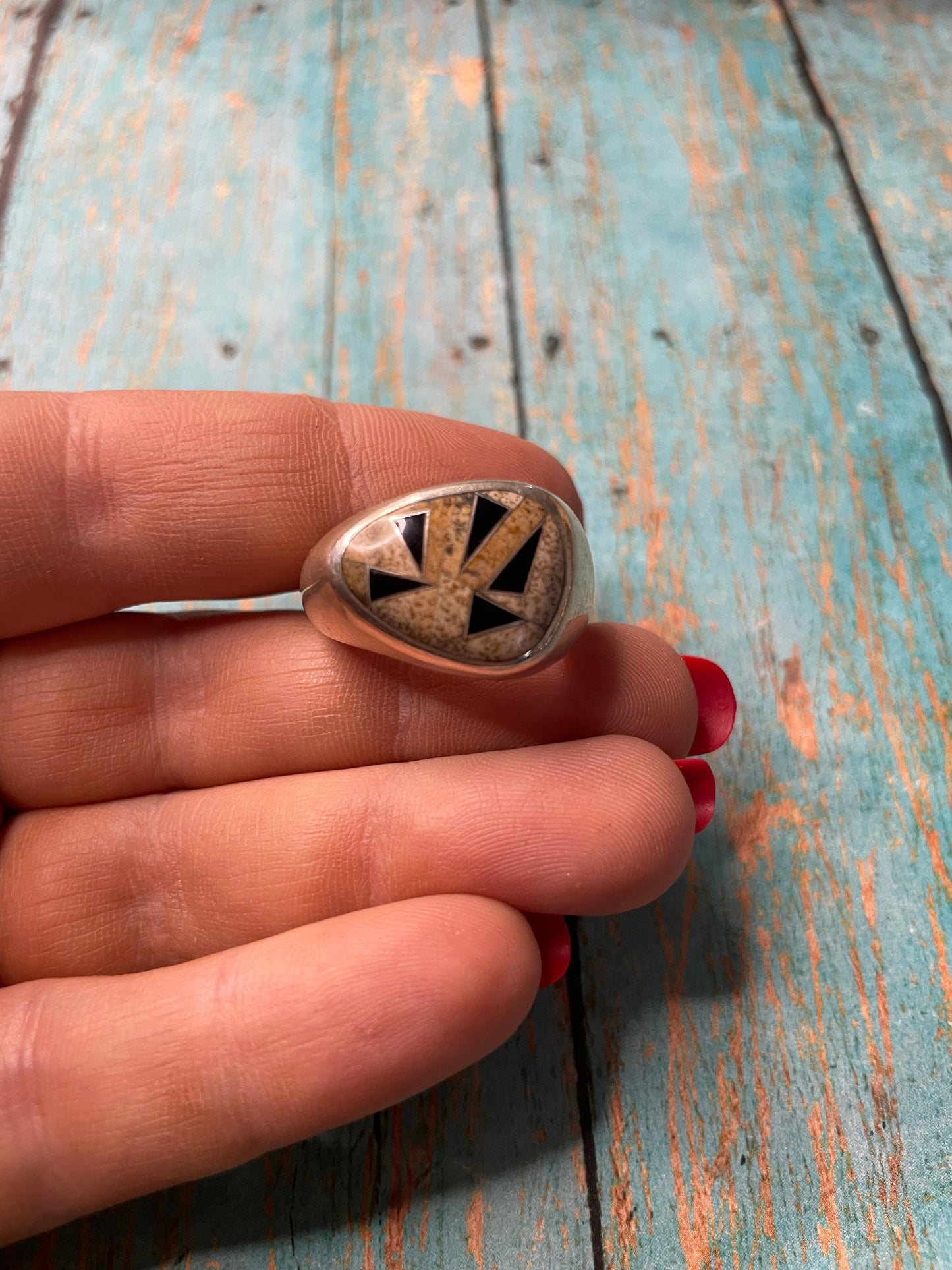 Old Pawn Navajo Sterling Silver, Tiger Eye & Onyx Ring Size 10.5