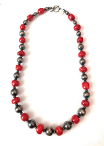 Navajo Coral & Sterling Silver Pearl Beaded Necklace
