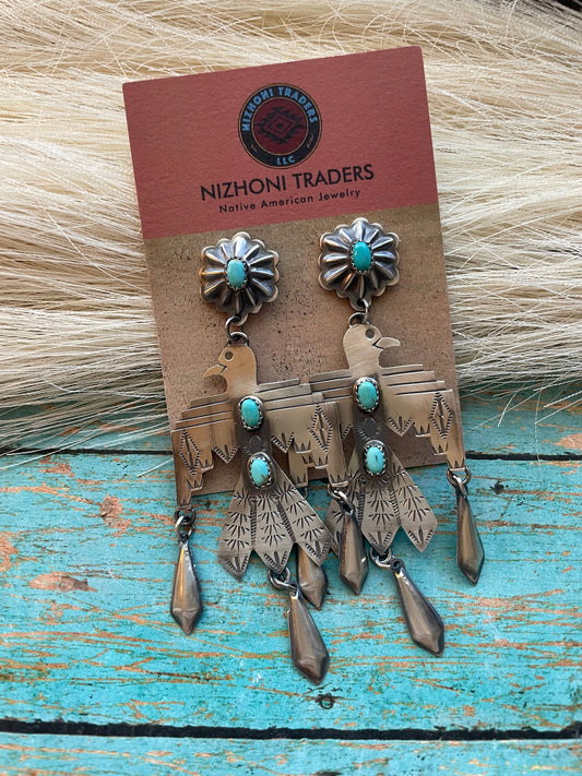 Navajo Turquoise & Sterling Silver Thunderbird Dangle Earrings Signed