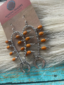 Navajo Sterling Silver & Orange Spiny Squash Blossom Dangle Earrings Signed