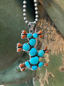 Handmade Sterling Silver Kingman Turquoise & Spiny Cactus Pendant