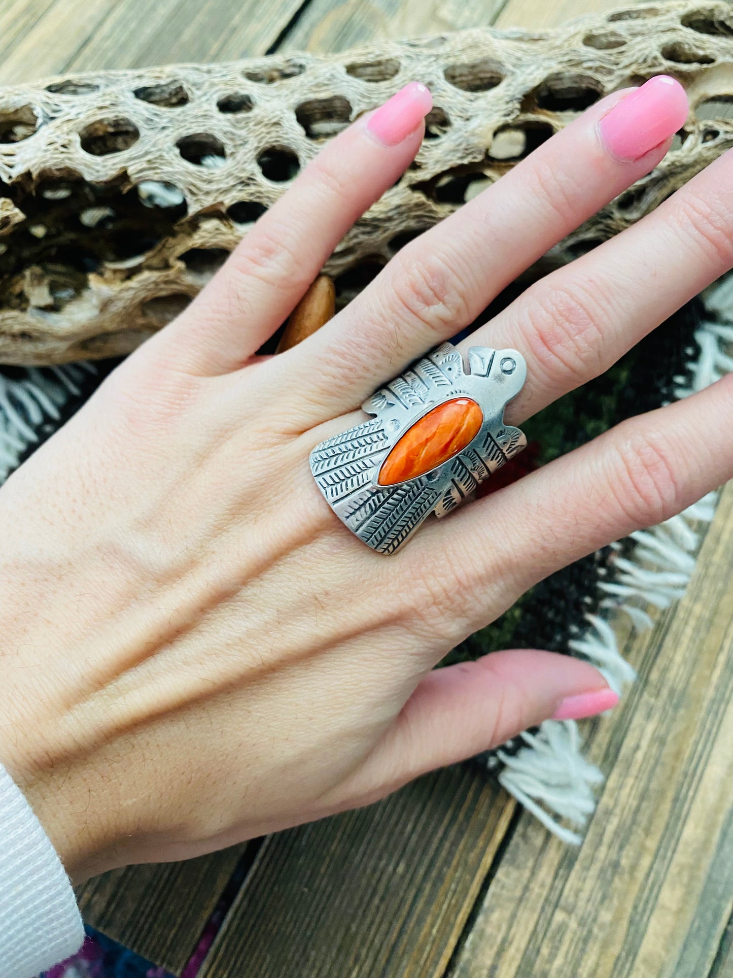 Navajo Sterling Silver & Orange Spiny Thunderbird Ring